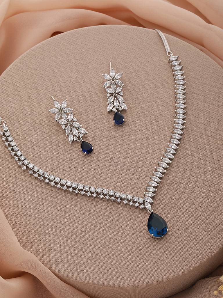 White Rhodium Blue Zircon Studded Statement Necklace Jewellery Set : SJNK2165