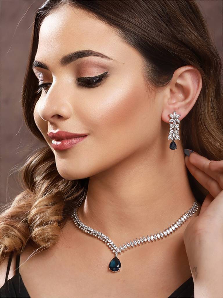 White Rhodium Blue Zircon Studded Statement Necklace Jewellery Set : SJNK2165
