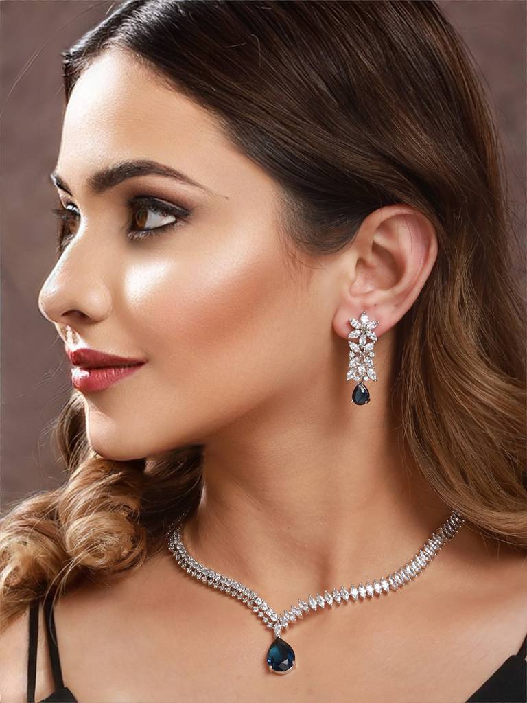 White Rhodium Blue Zircon Studded Statement Necklace Jewellery Set : SJNK2165