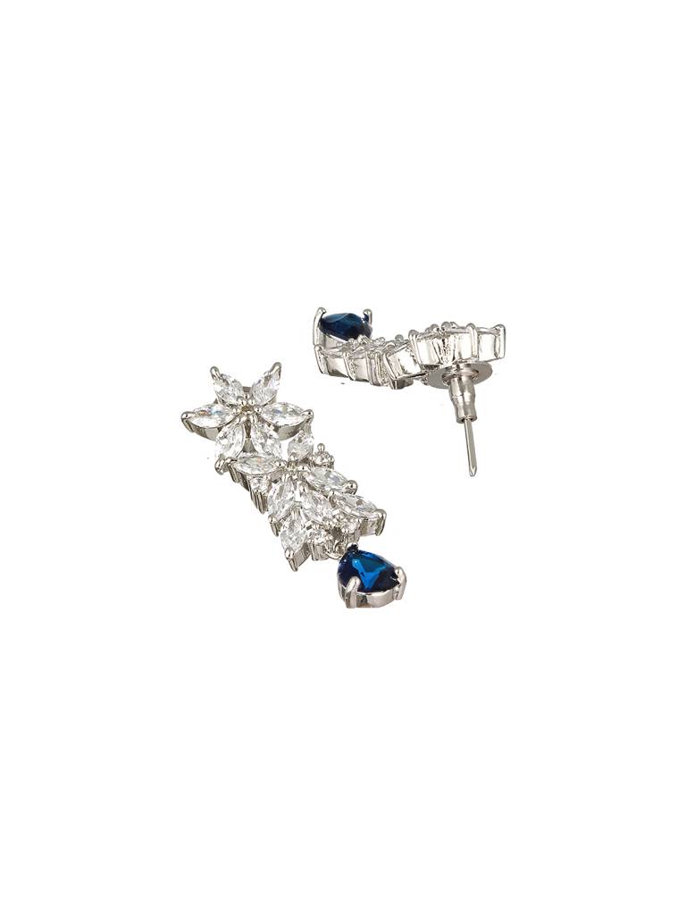 White Rhodium Blue Zircon Studded Statement Necklace Jewellery Set : SJNK2165