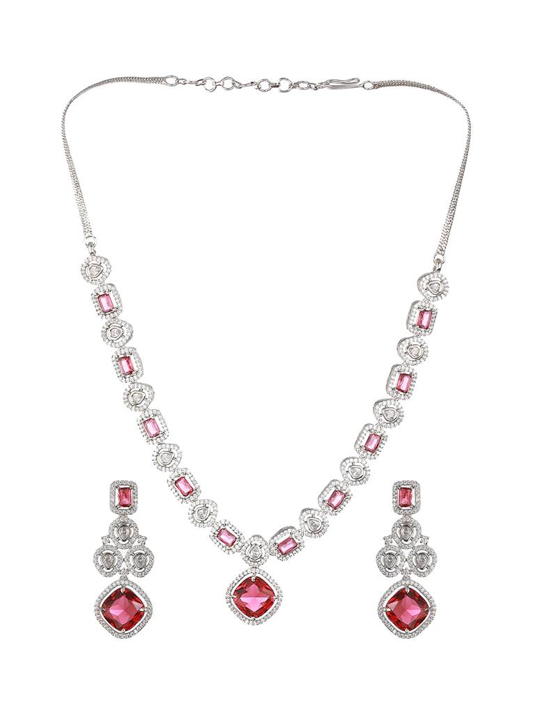 Silver Plated Red Cz Studded Statement Necklace Jewellery Set : SJNK2167