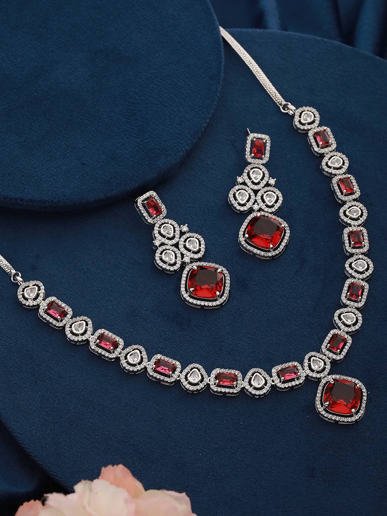 Silver Plated Red Cz Studded Statement Necklace Jewellery Set : SJNK2167