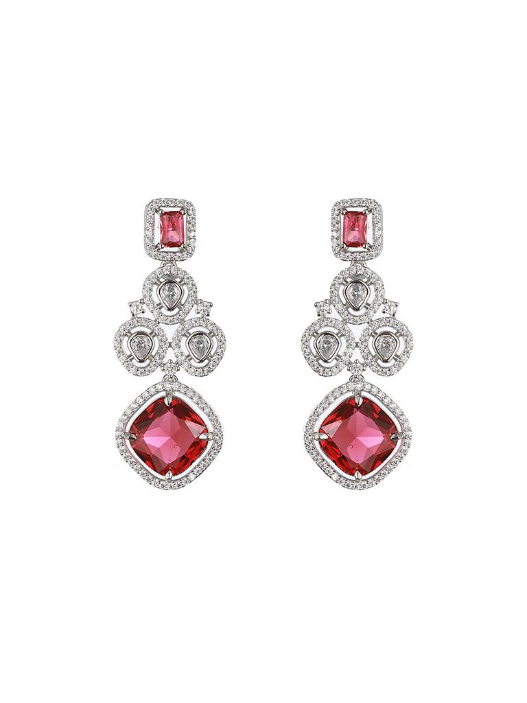 Silver Plated Red Cz Studded Statement Necklace Jewellery Set : SJNK2167