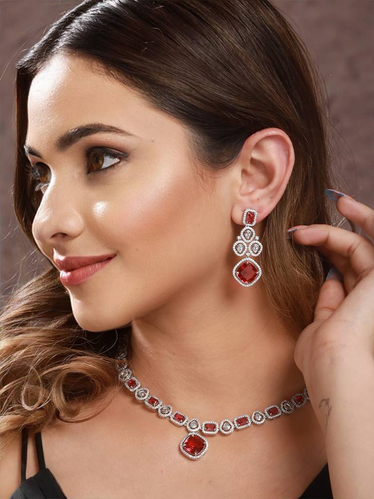 Silver Plated Red Cz Studded Statement Necklace Jewellery Set : SJNK2167