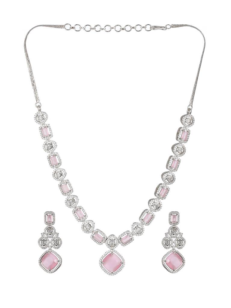 White Rhodium Pink Zircon Studded Designer Necklace Jewellery Set : SJNK2169