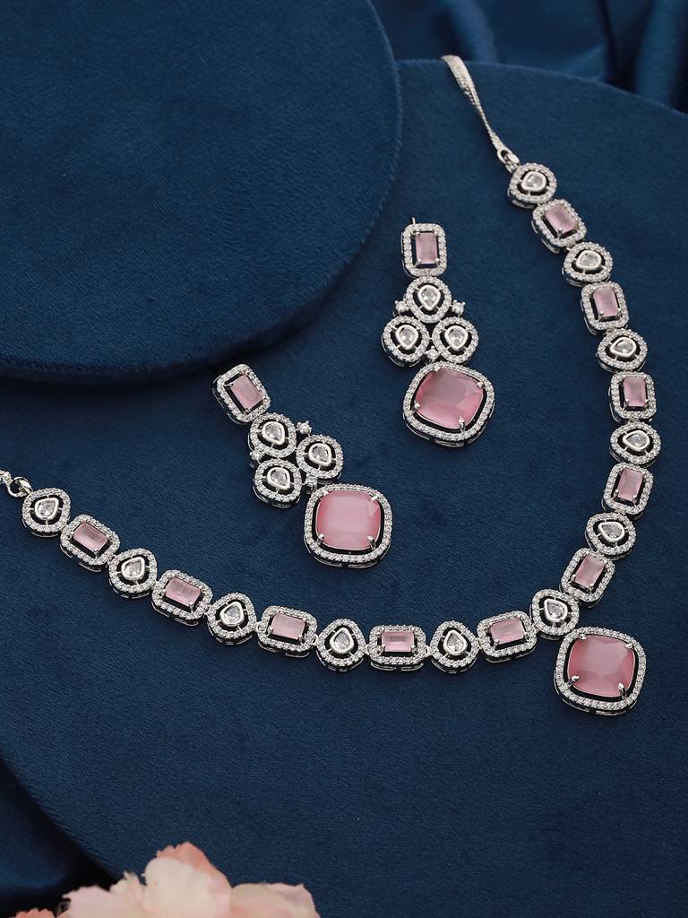 White Rhodium Pink Zircon Studded Designer Necklace Jewellery Set : SJNK2169