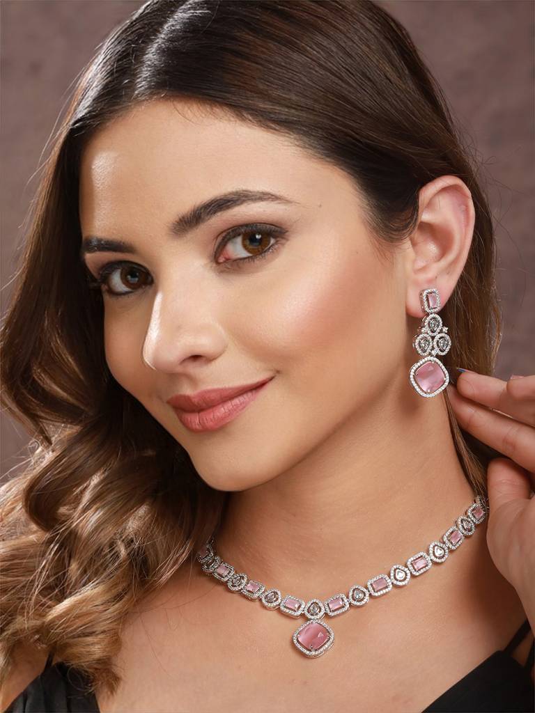 White Rhodium Pink Zircon Studded Designer Necklace Jewellery Set : SJNK2169