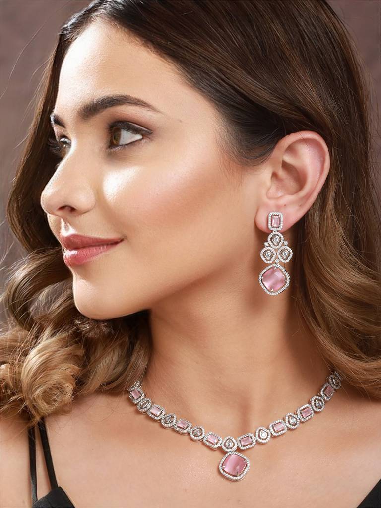 White Rhodium Pink Zircon Studded Designer Necklace Jewellery Set : SJNK2169