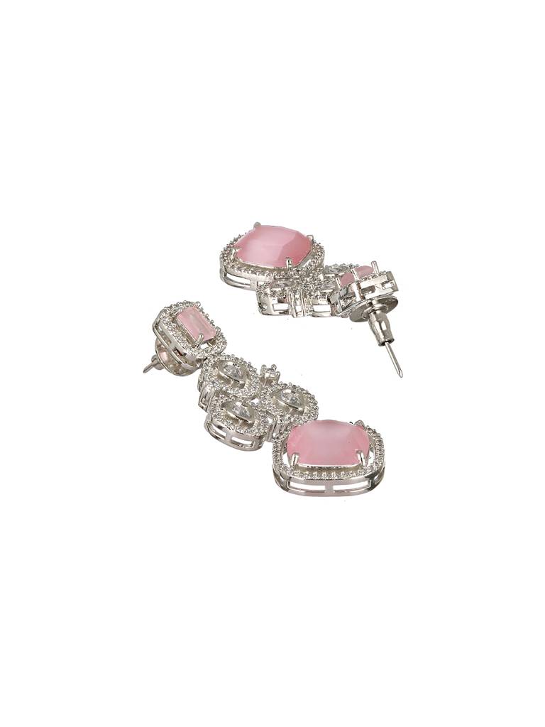 White Rhodium Pink Zircon Studded Designer Necklace Jewellery Set : SJNK2169