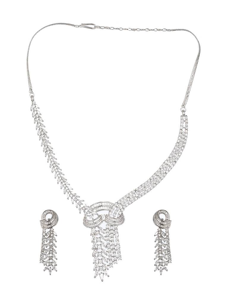 White Rhodium Cubic Zircon Studded Luxe Necklace Jewellery Set : SJNK2170