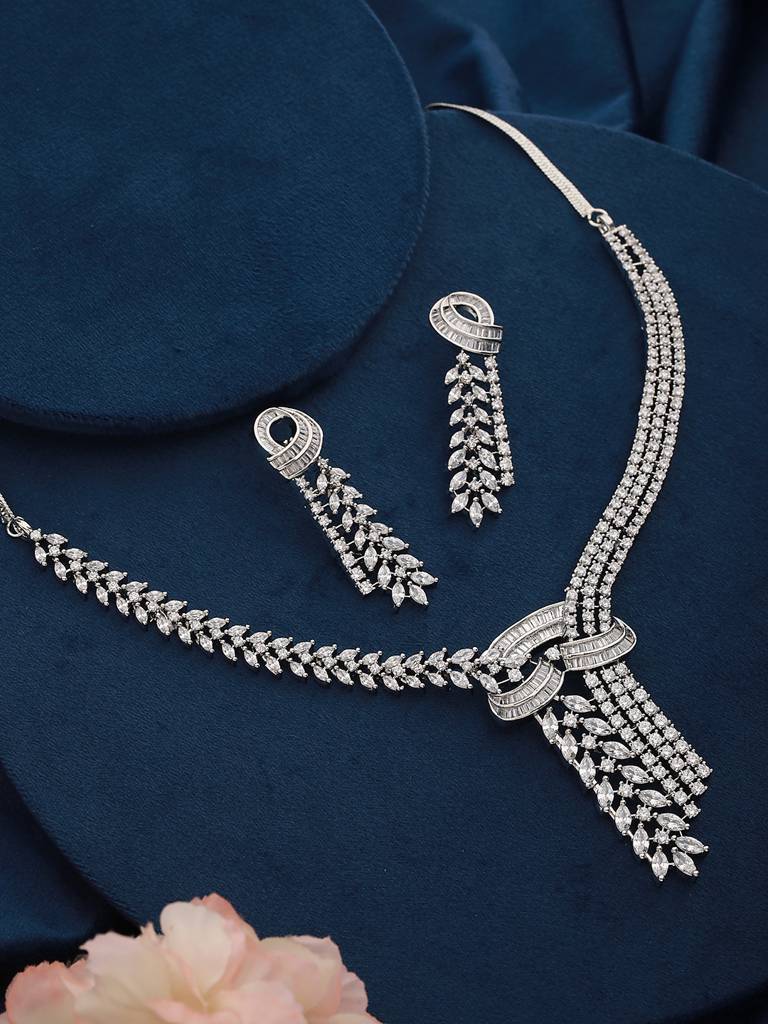 White Rhodium Cubic Zircon Studded Luxe Necklace Jewellery Set : SJNK2170