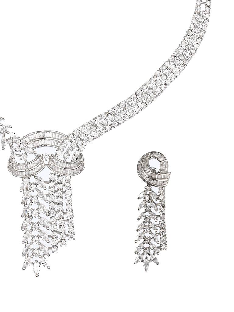 White Rhodium Cubic Zircon Studded Luxe Necklace Jewellery Set : SJNK2170