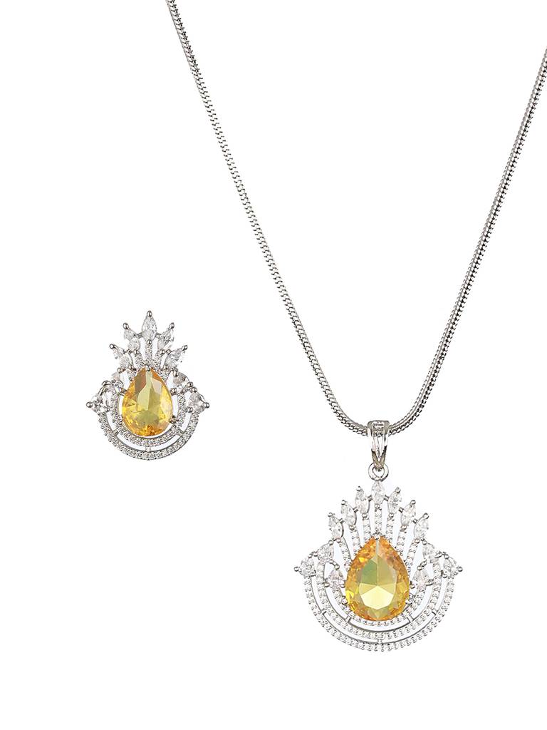 Silver Plated Yellow Citrine Cz Studded Designer Locket Jewellery Set : SJLK2171