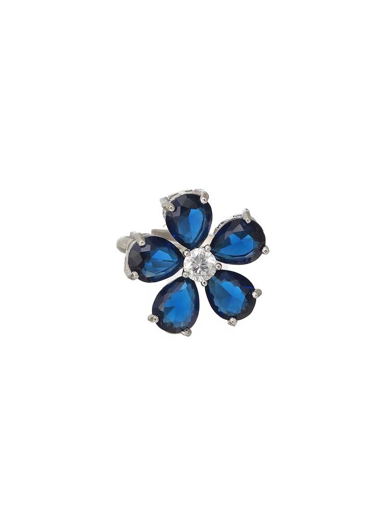 White Rhodium Blue Cz Minimal Floral Finger Ring : SJRG2174
