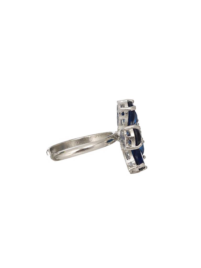 White Rhodium Blue Cz Minimal Floral Finger Ring : SJRG2174