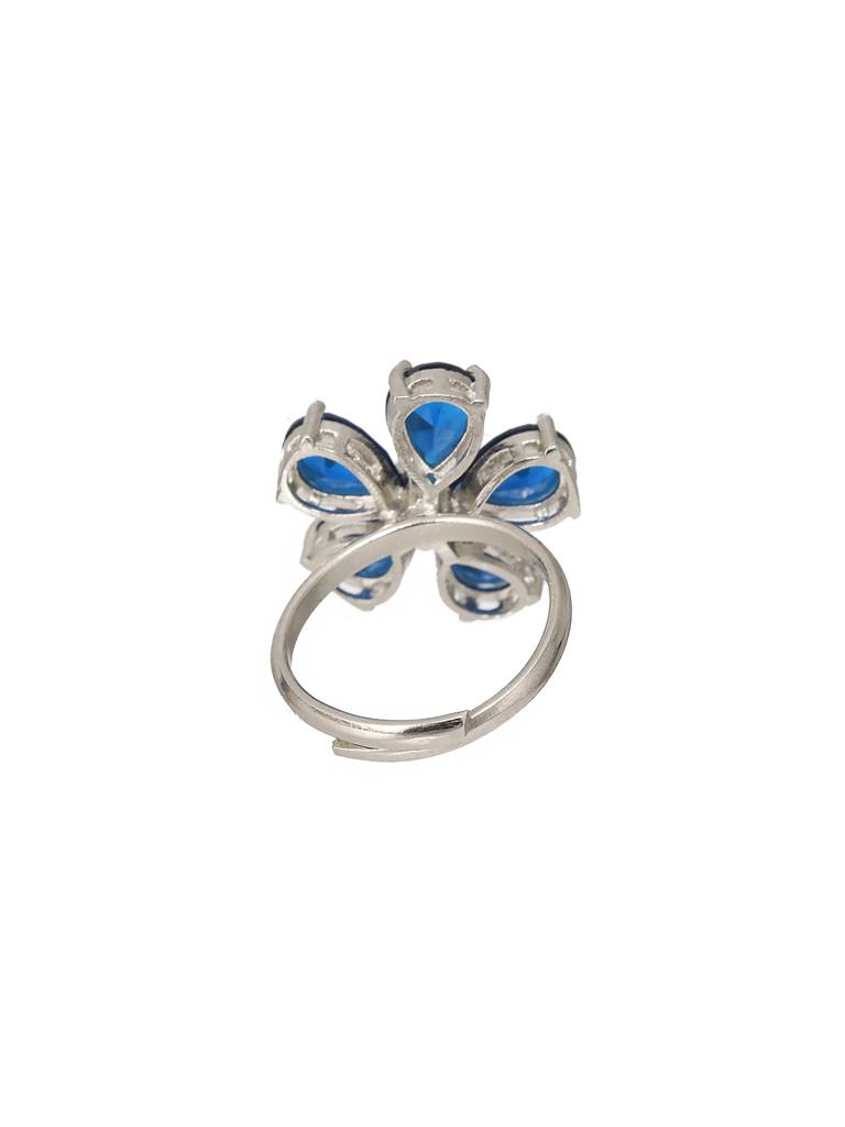 White Rhodium Blue Cz Minimal Floral Finger Ring : SJRG2174