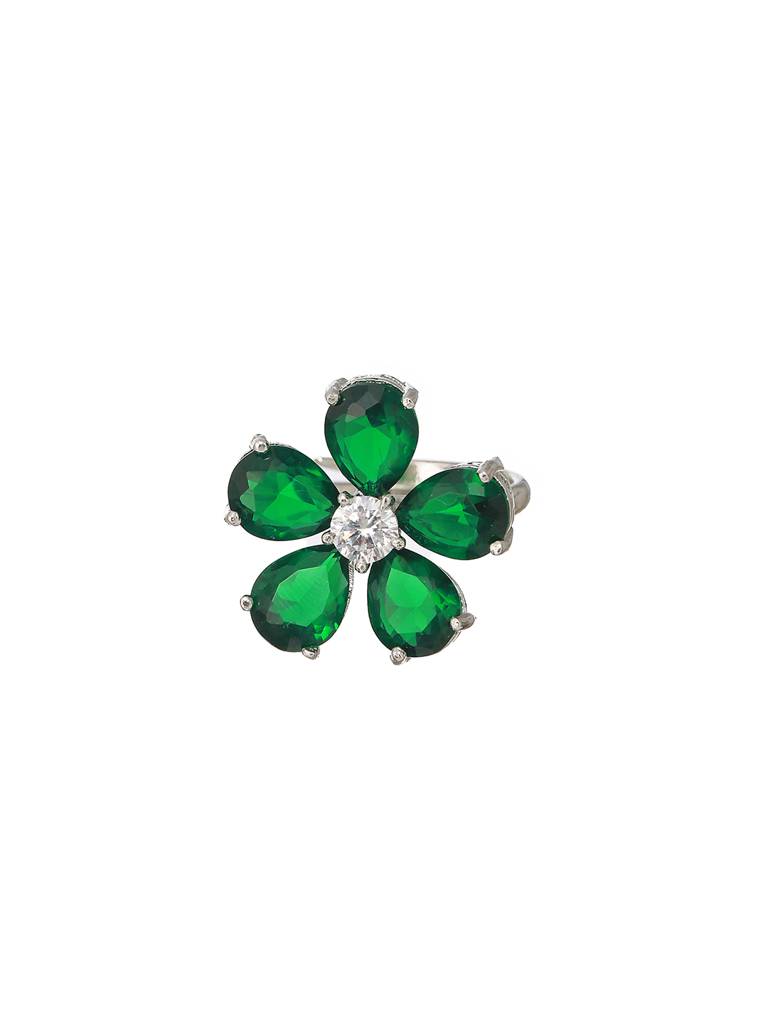 Silver Plated Green Emerald Zircon Minimal Floral Ring : SJRG2175