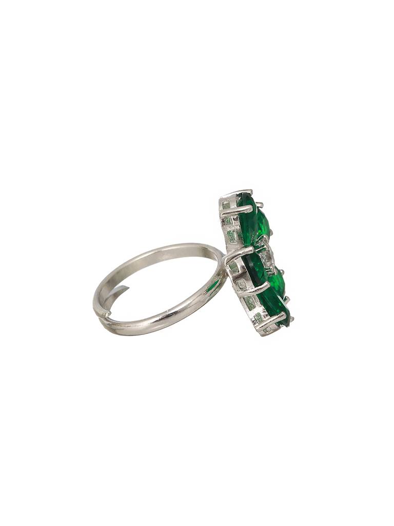 Silver Plated Green Emerald Zircon Minimal Floral Ring : SJRG2175