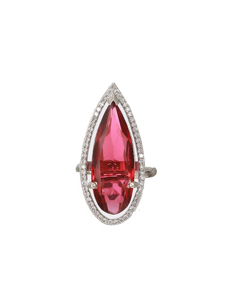 Silver Toned Red Ruby Cz Minimal Luxe Finger Ring : SJRG2178