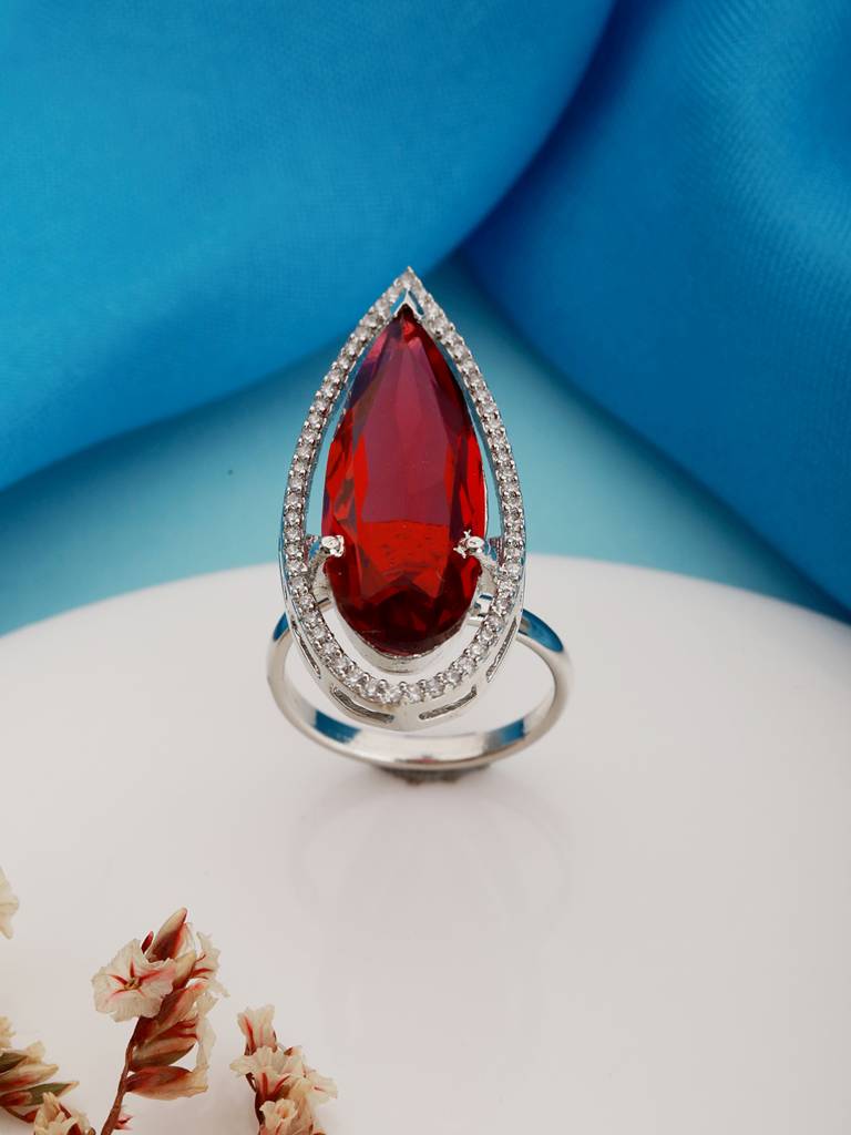 Silver Toned Red Ruby Cz Minimal Luxe Finger Ring : SJRG2178