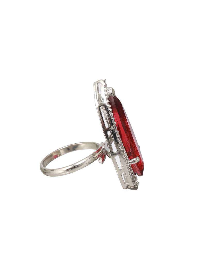 Silver Toned Red Ruby Cz Minimal Luxe Finger Ring : SJRG2178