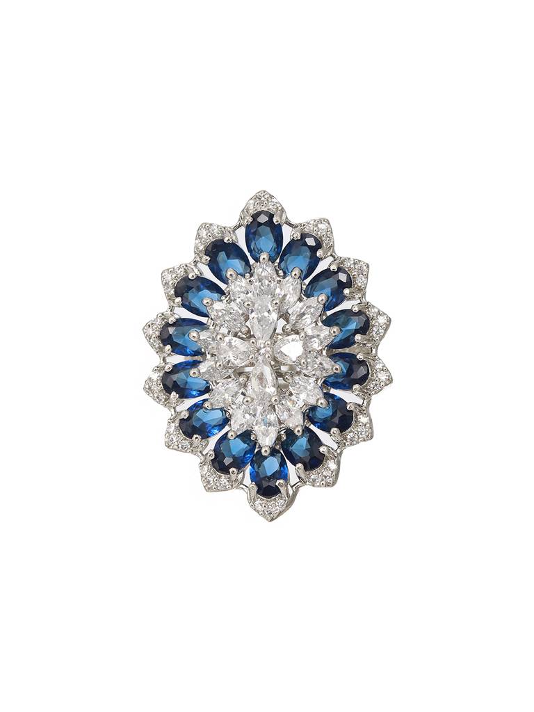 Silver Plated Blue Sapphire Zircon Luxe Floral Finger Ring : SJRG2180