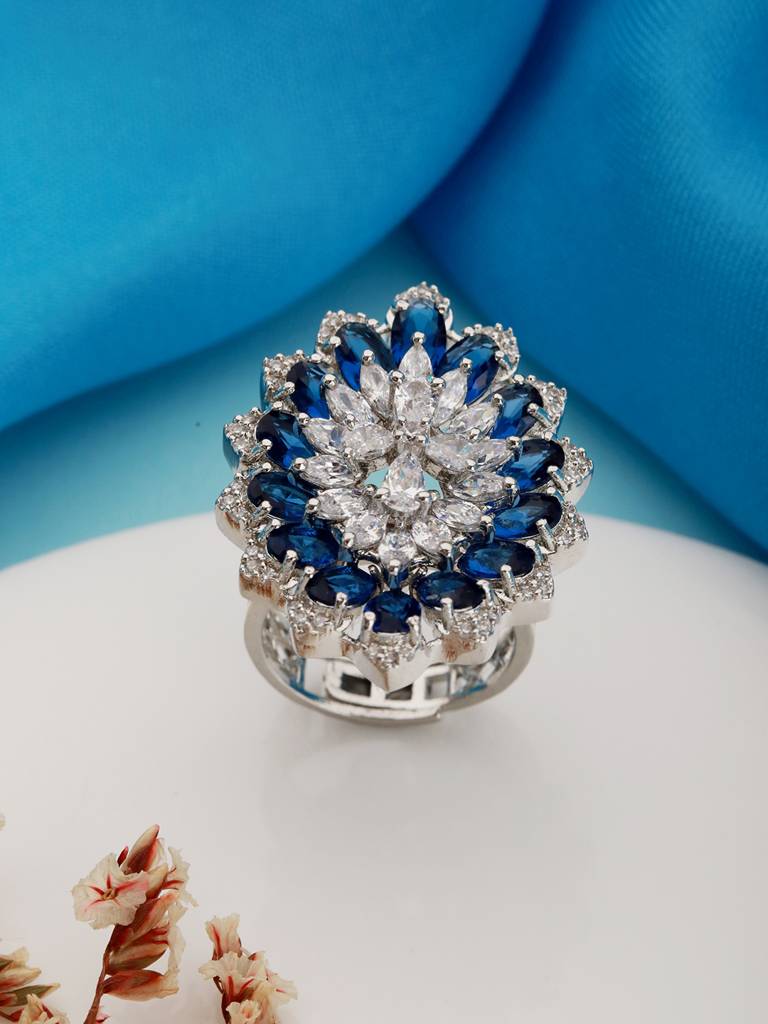 Silver Plated Blue Sapphire Zircon Luxe Floral Finger Ring : SJRG2180