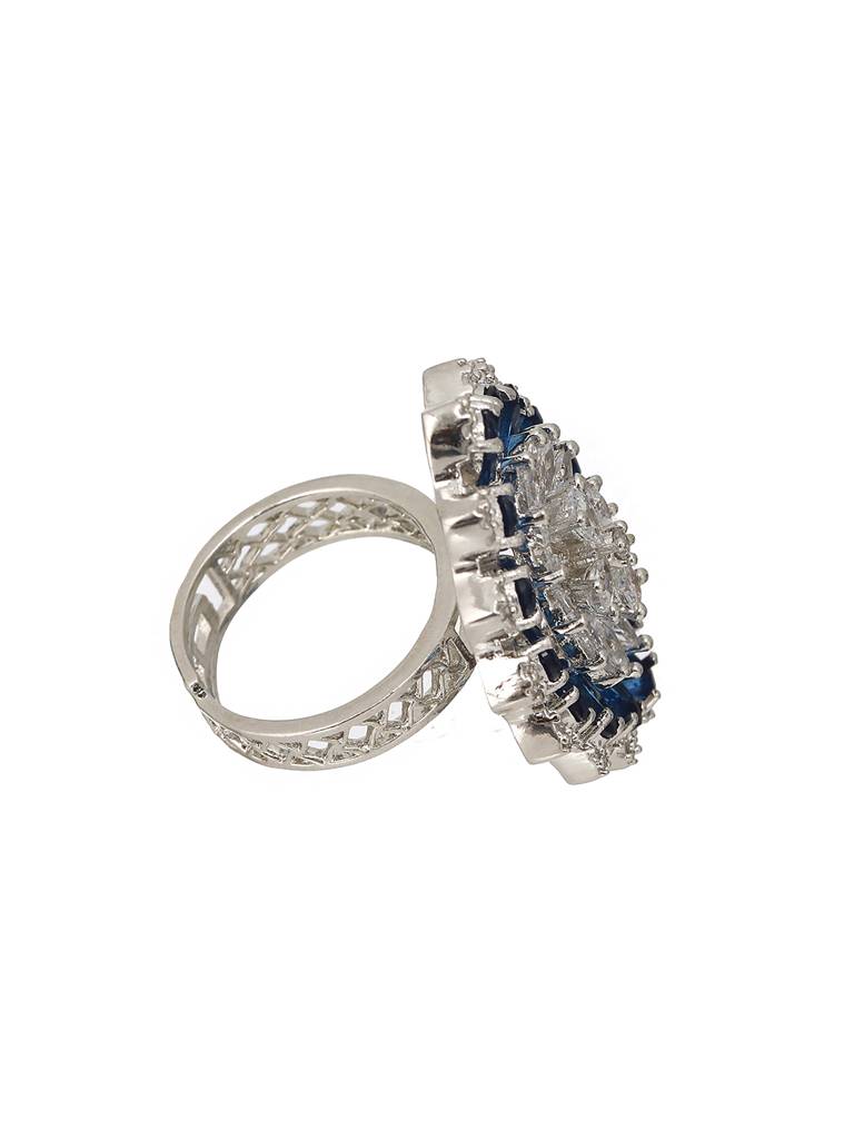 Silver Plated Blue Sapphire Zircon Luxe Floral Finger Ring : SJRG2180