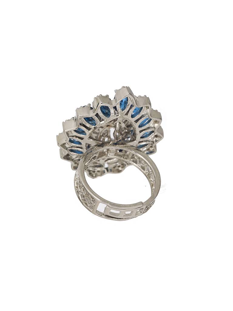 Silver Plated Blue Sapphire Zircon Luxe Floral Finger Ring : SJRG2180