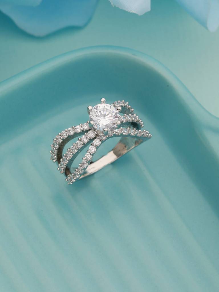 Silver Toned Ad Studded Engagement-Band Finger Rings Adjustable Brass  Silver