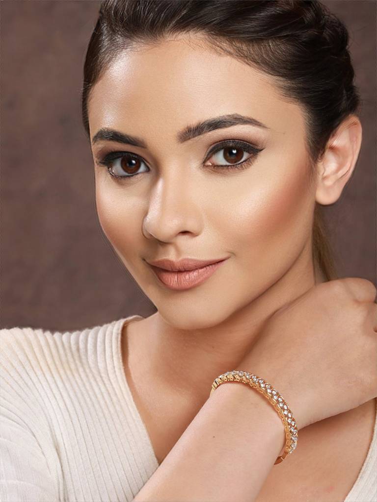 Gold Plated Cz Studded Minimal Bangle Bracelet : SJBR2182
