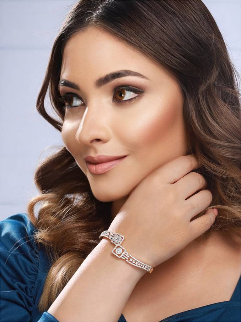 Gold Plated White Zircon Studded Statement Bangle Bracelet : SJBR2184