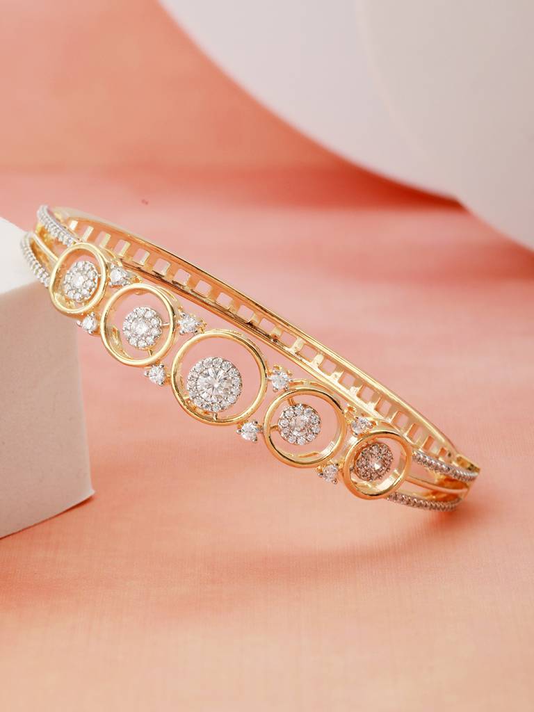 Gold Plated White Zircon Studded Minimal Bangle Bracelet : SJBR2186