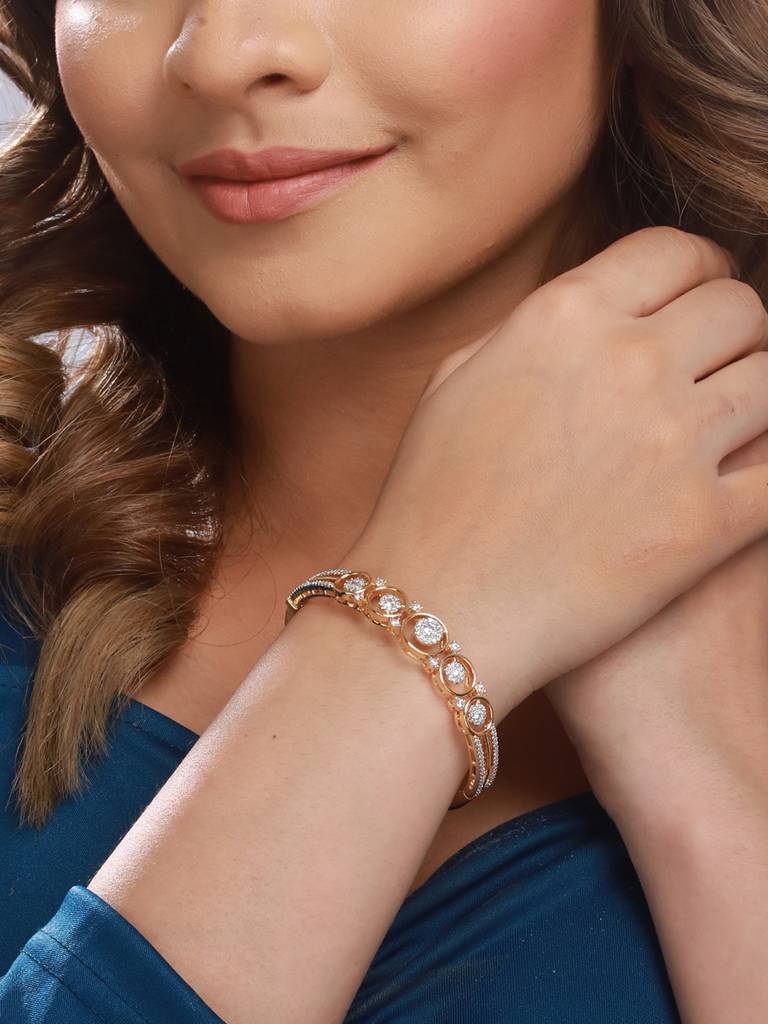 Gold Plated White Zircon Studded Minimal Bangle Bracelet : SJBR2186