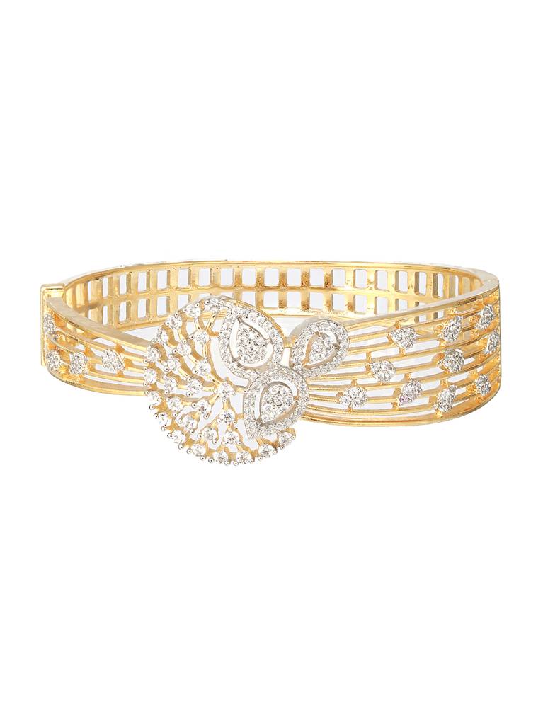 Gold Plated White Zircon Embellished Floral Statement Bangle Bracelet : SJBR2187