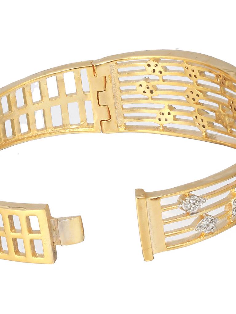 Gold Plated White Zircon Embellished Floral Statement Bangle Bracelet : SJBR2187