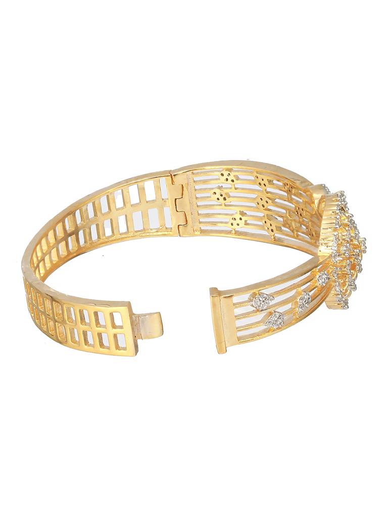 Gold Plated White Zircon Embellished Floral Statement Bangle Bracelet : SJBR2187
