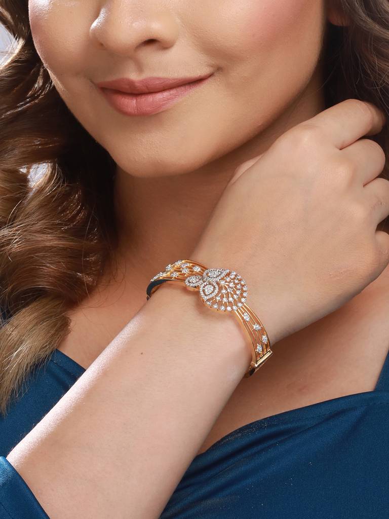 Gold Plated White Zircon Embellished Floral Statement Bangle Bracelet : SJBR2187
