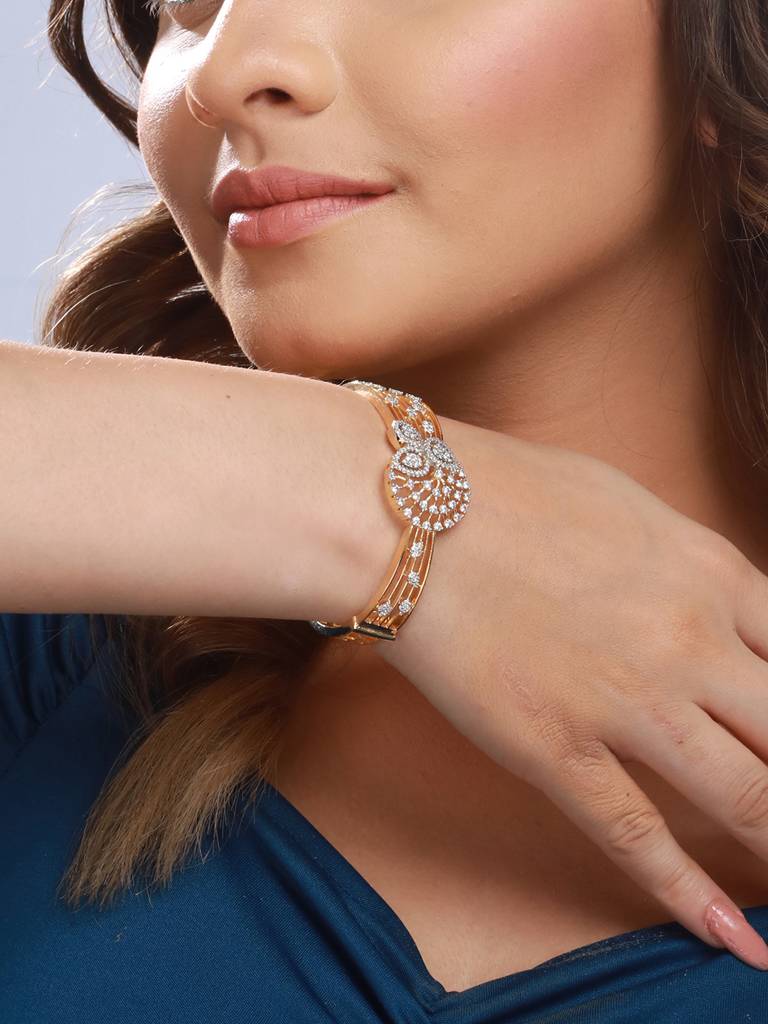 Gold Plated White Zircon Embellished Floral Statement Bangle Bracelet : SJBR2187
