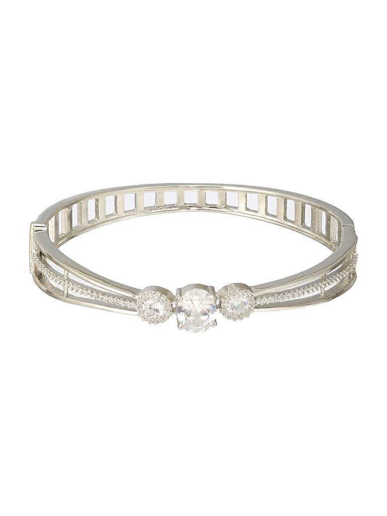 Silver Plated White Zircon Studded Minimal Kada Bracelet : SJBR2188