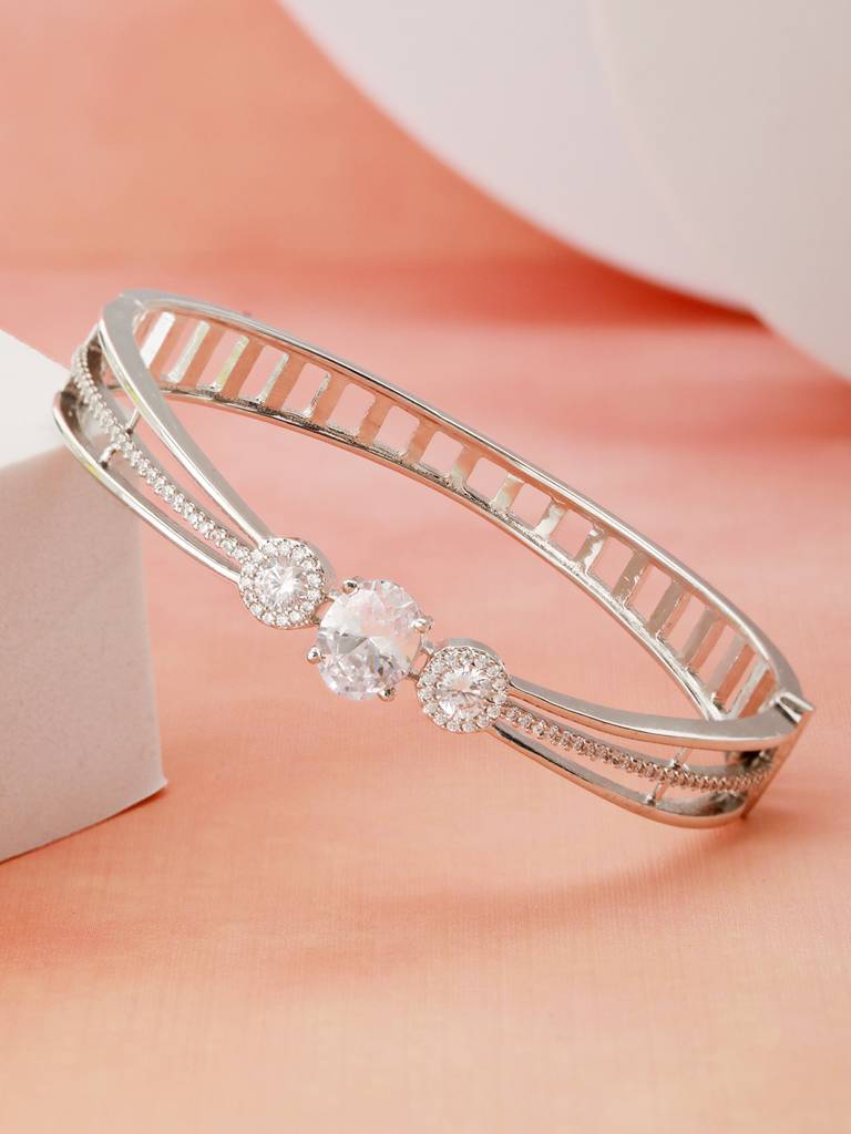 Silver Plated White Zircon Studded Minimal Kada Bracelet : SJBR2188