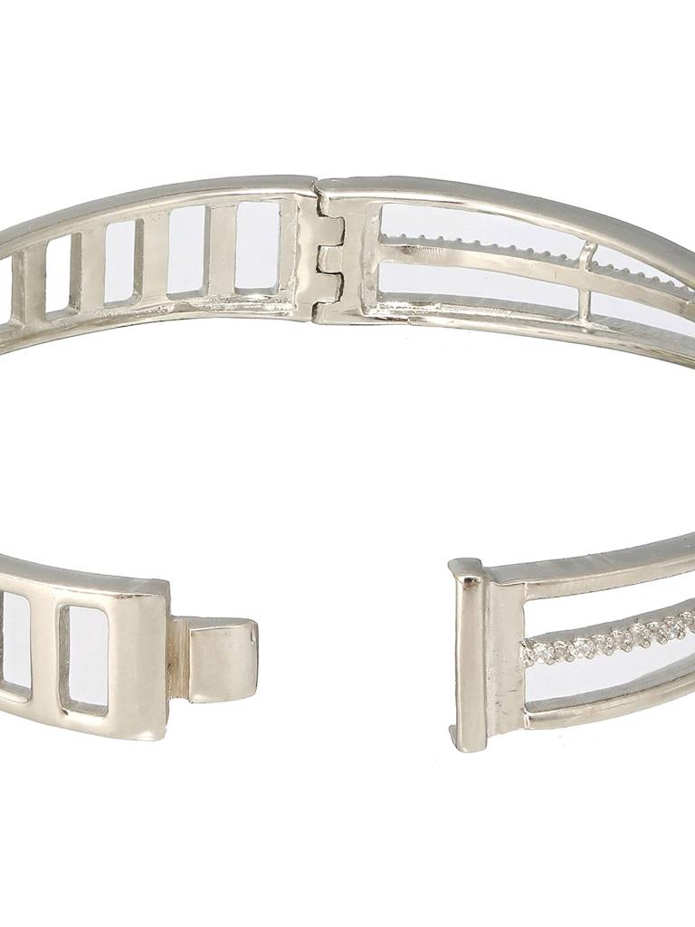 Silver Plated White Zircon Studded Minimal Kada Bracelet : SJBR2188