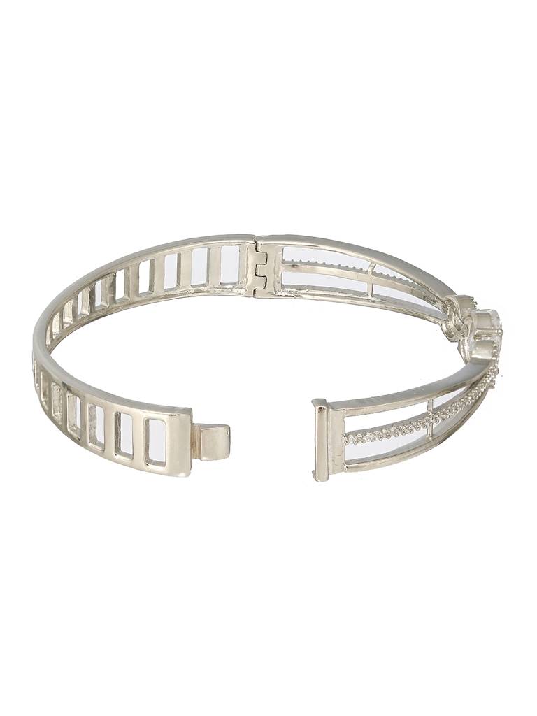 Silver Plated White Zircon Studded Minimal Kada Bracelet : SJBR2188