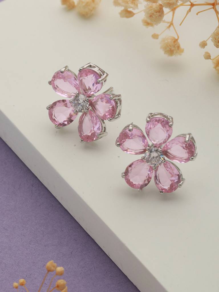 Pink Zircon Floral Minimal Studds Earrings : SJER2193