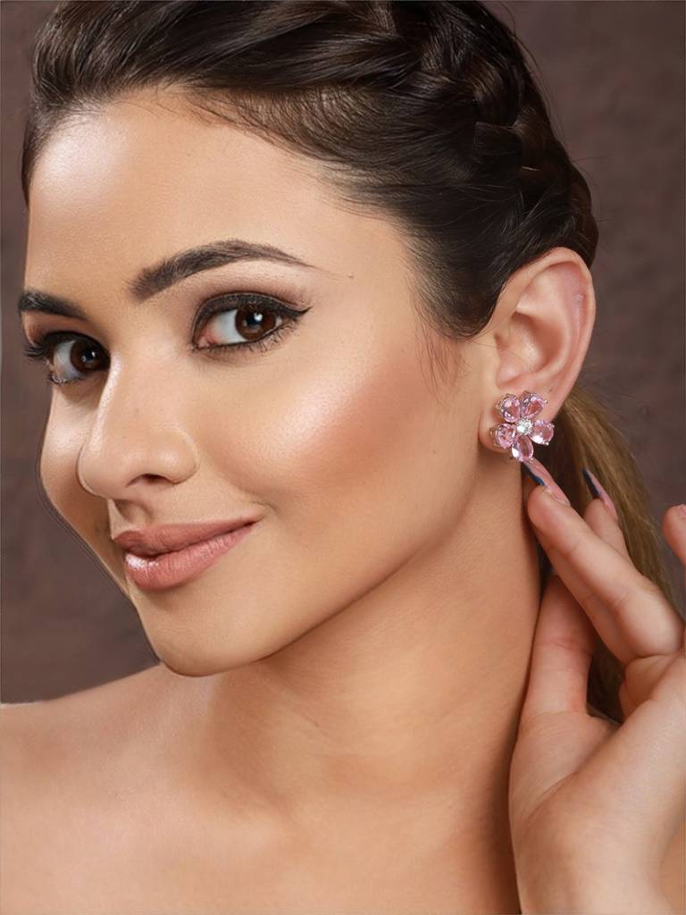 Pink Zircon Floral Minimal Studds Earrings : SJER2193