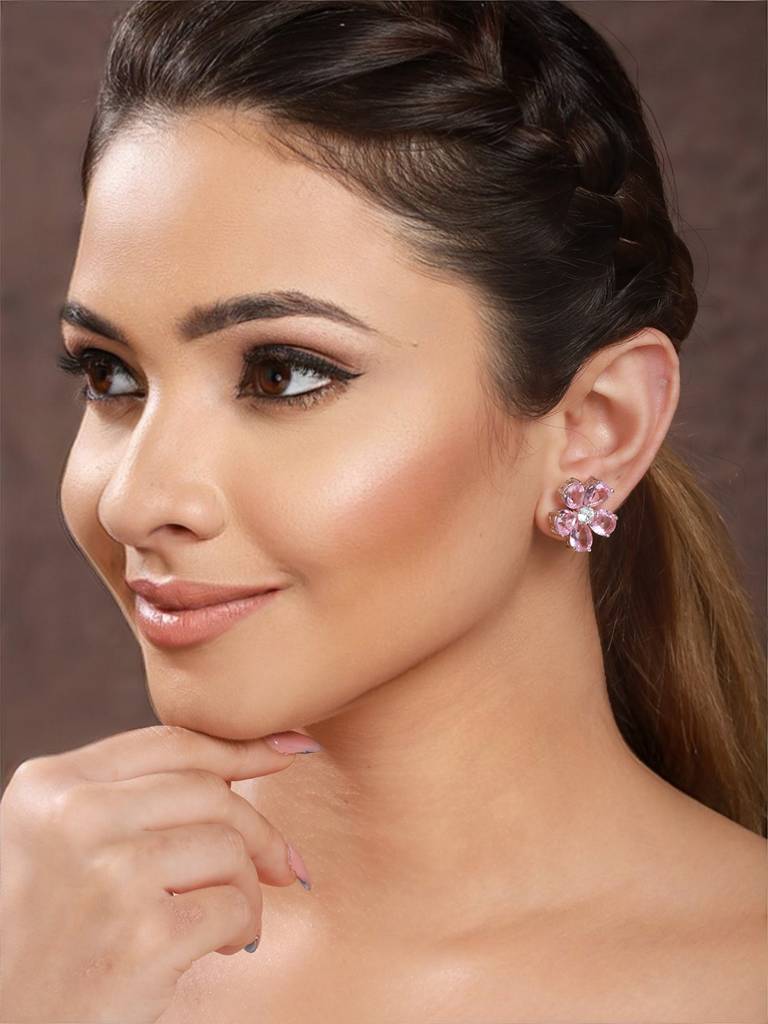 Pink Zircon Floral Minimal Studds Earrings : SJER2193
