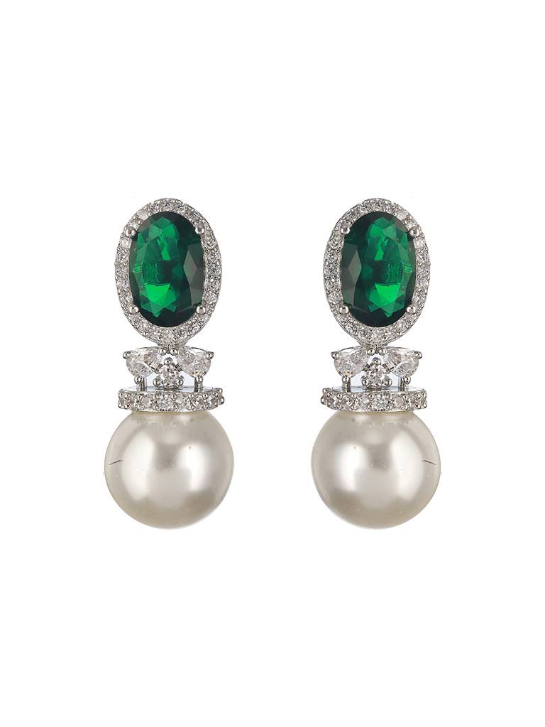 Silver Plated Green Cz Pearl Beaded Minimal Earring : SJER2194