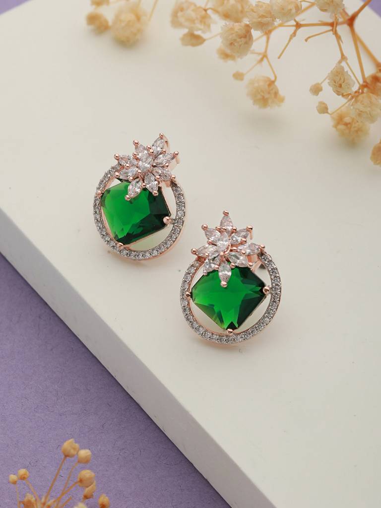 Rose Gold Plated Green Ad Stuuded Minimal Studds Earring : SJER2195