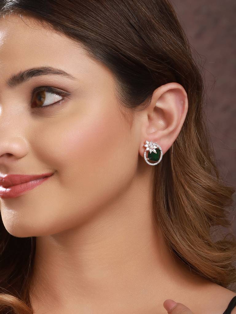 Rose Gold Plated Green Ad Stuuded Minimal Studds Earring : SJER2195
