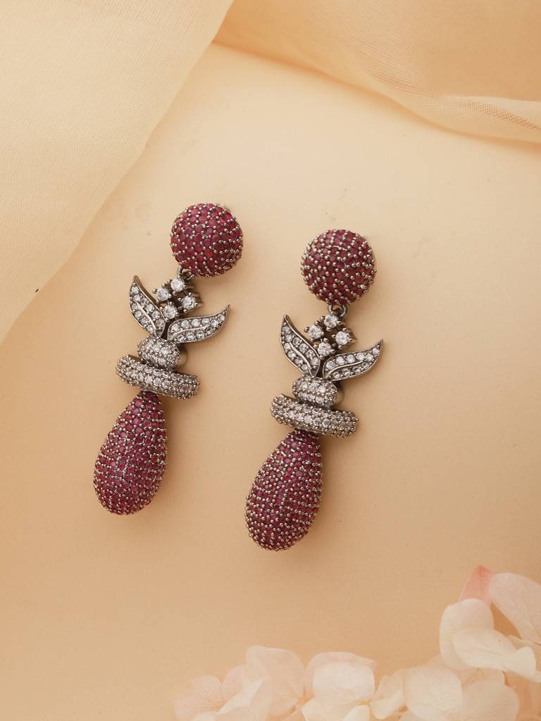 Red Ruby Studded Statement Oval Drop  Earring : SJER2199
